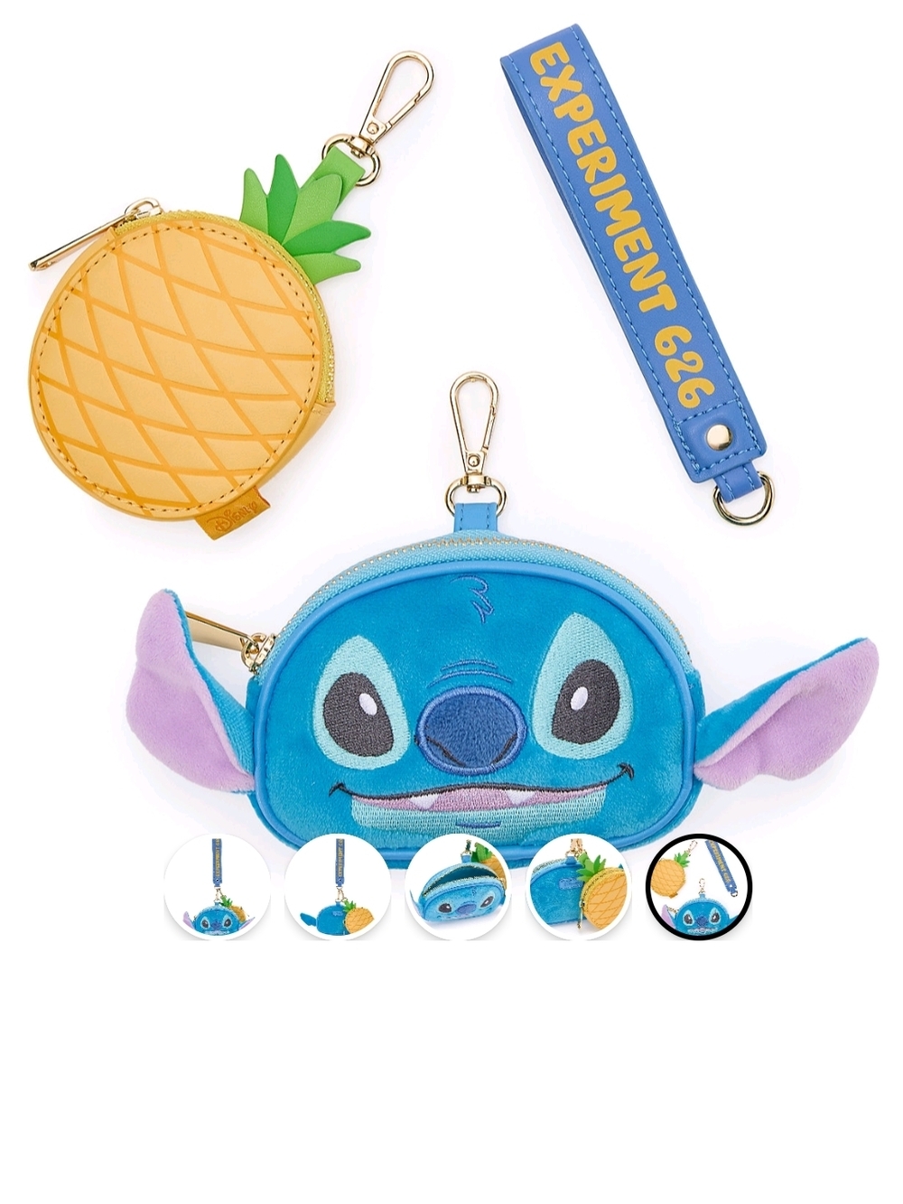 Disney Stitch 626 Blue Plush Coin Purse with Pineapple Keychain BNWT